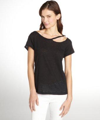 Lna Black Linen Blend 'palm Desert' Ripped Detail Crewneck T-shirt