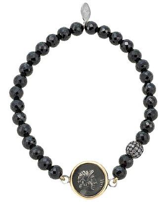 1884 Jewelry 1884 - Amelia 18k Yellow Gold And Faceted Black Spinel Pave Diamond Bead Bracelet W/ 1 Small Ottaviano Coin