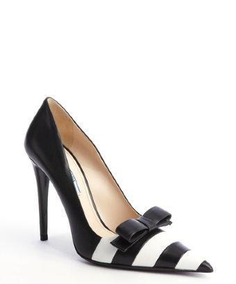 Prada Black And White Striped Leather Bow Detail Pumps