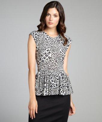 Rebecca Taylor Grey And White Leopard Print Stretch Jersey Peplum Top