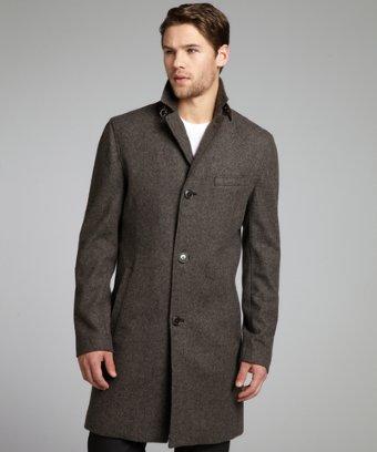 Cole Haan Smoke Herringbone Wool Blend Elbow Patch Overcoat