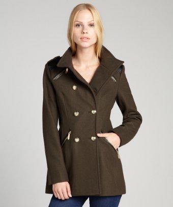 Vince Camuto Olive Wool Blended Faux Leather Trimmed Double Breasted Peacoat