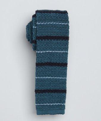 Hermes Teal Light Blue And Navy Wide Stripe Knit Silk Tie