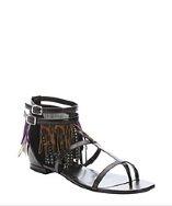 Saint Laurent Black And Purple Leather 'nupied' Fringe T-strap Sandals