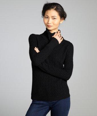 Magaschoni Black Long Sleeve Cable Knit Cashmere Turtleneck Sweater