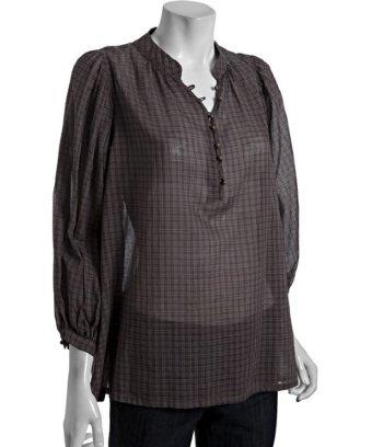 Eryn Brinie brown cotton check plaid blouson tunic