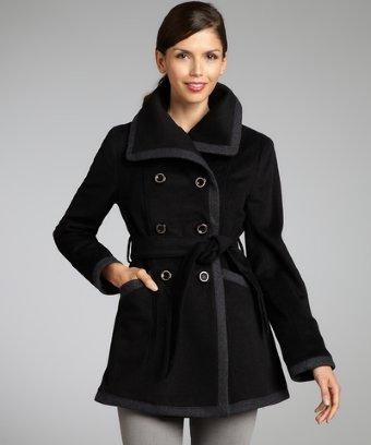 Kenneth Cole New York Black Wool Blend Double Breasted Belted Three Quarter Coat