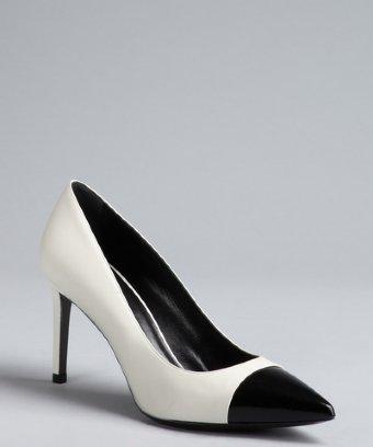 Saint Laurent Porcelain White And Black Pointed Cap Toe Pumps