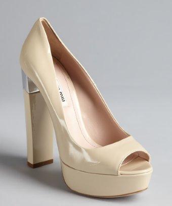 Miu Miu Silver And Nude Patent Leather Stacked Heel Platforms