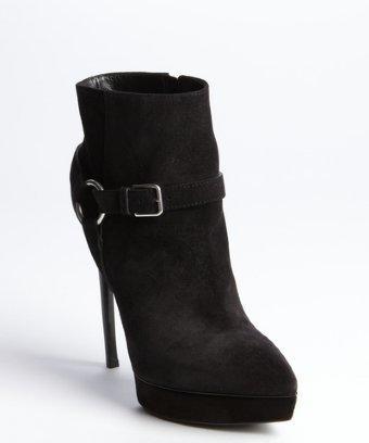 Saint Laurent Black Suede Harness Detailed Pointed Toe Platform Heel Booties