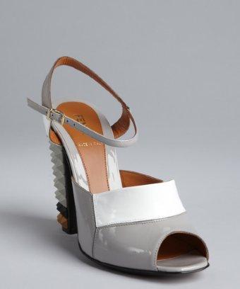 Fendi Grey And White Leather Spiked Stacked Heel Sandals