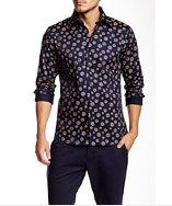 T.r. Premium Navy Long Sleeve Button Down Printed Dress Shirt