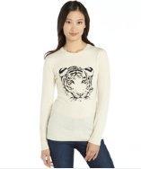 C3 Collection Bone Cashmere Knit Tiger Print Crewneck Sweater
