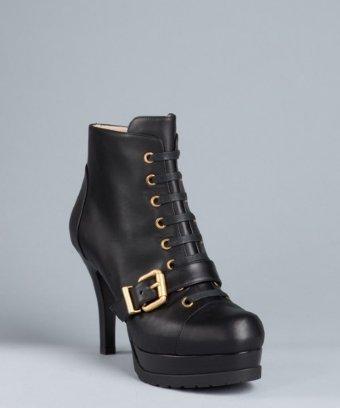 Fendi Black Leather Lace Up Buckle Booties