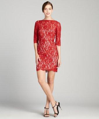 Aijek Red Stretch Lace 3/4 Sleeve Dress