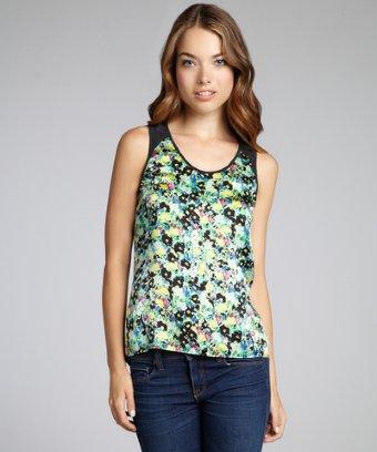 Rebecca Minkoff Black And Green Floral Print Silk 'george' Sleeveless Blouse