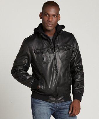 Buffalo Jeans Black Vegan Leather Hoodie Bomber Jacket