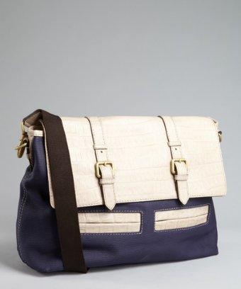 Furla Blue And Beige Canvas And Croco Embossed Leather 'paris Bandolier' Messenger Bag