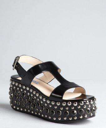 Prada Black Crystal And Studded Leather Platform Sandals
