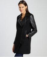 Vince Camuto Black Wool Blend And Faux Leather Mixed Media Zip Coat