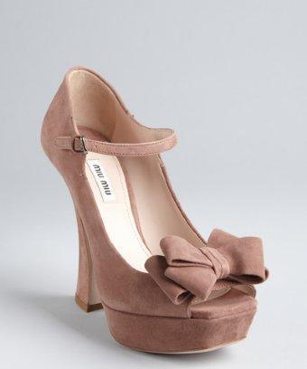 Miu Miu Rose Suede Bow Detail Curved Heel Platforms