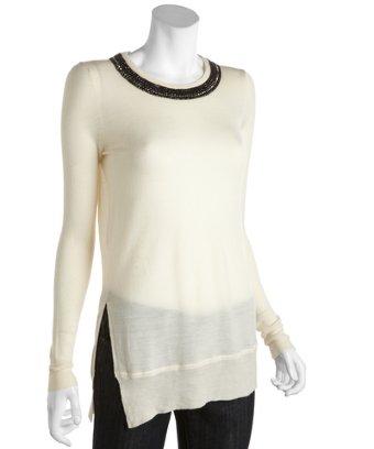 Bcbgmaxazria Off White Wool Jewel Embellished Crewneck Sweater