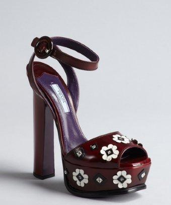 Prada Maroon Leather And Floral Applique Stacked Heel Platforms