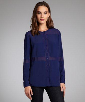 Walter Royal Blue Sheer Detail Collarless 'benjamin' Button Up Blouse