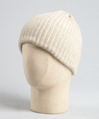 Qi Arctic White And Natural Beige Wool Rib Knit Beanie