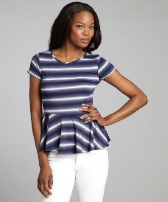 Casual Couture By Green Envelope Navy And White Faded Stripe Jersey Knit Peplum Top