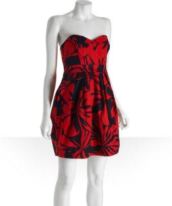 Shoshanna Red And Navy Fiji Floral Stretch Cotton 'megan' Strapless Dress