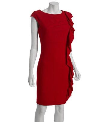 Calvin Klein Red Stretch Ruffle Side Cap Sleeve Dress
