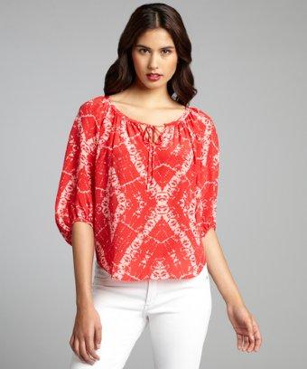 Rebecca Taylor Red And Pink Printed Silk Three Quarter Sleeve Blouse