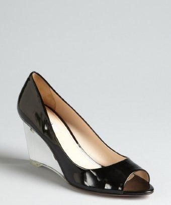 Prada Black Patent Leather Peep Toe Lucite Wedges