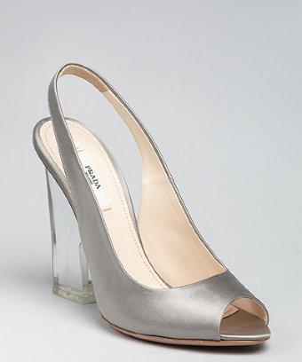 Prada Grey Satin Peep Toe Lucite Heel Slingbacks