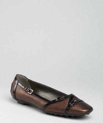 Tod's Black Bronze Leather Buckle Detail Flats