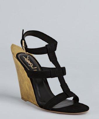 Yves Saint Laurent Black And Gold Pointed Heel Wedge Sandals