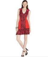 Marchesa Voyage Vermillion And Indian Pink Stretch Knit Leopard Colorblock Dress