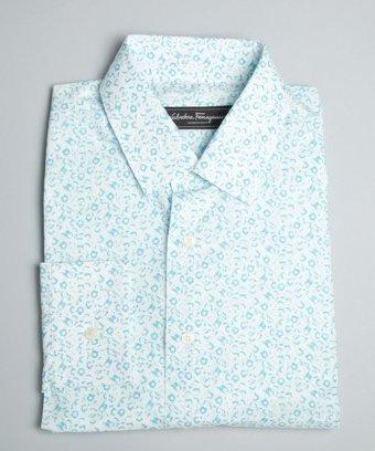 Salvatore Ferragamo White And Blue Gancio Print Cotton Dress Shirt