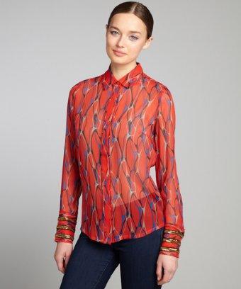 Winter Kate Red And Blue Printed Crinkle Silk Chiffon Beaded Cuff Blouse