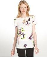 French Connection White Floral Print Stretch Crepe Short Sleeve Blouse