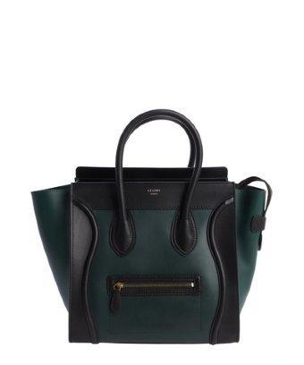Celine Forest Green And Black Leather 'mini Luggage' Shopper Tote