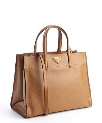 Prada Tan Leather Logo Stamp Convertible Top Handle Bag
