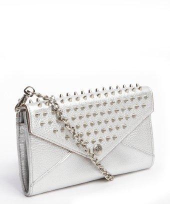 Rebecca Minkoff Silver Grained Leather Convertible Clutch Studded Wallet