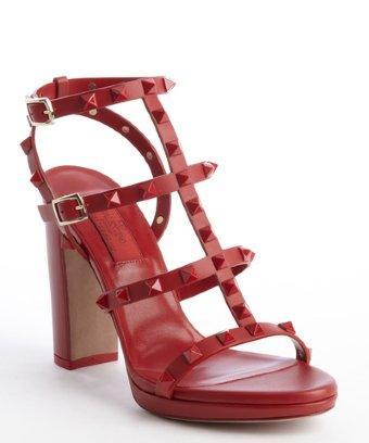 Valentino Red Leather Pyramid Detail T-strap Heel Sandals