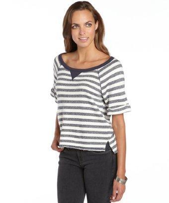 C & C California Navy And Ivory Striped Terry Cropped Sweater