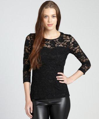 Annalee + Hope Black Lace Sheer Yoke Sweetheart Bodice Long Sleeve Top