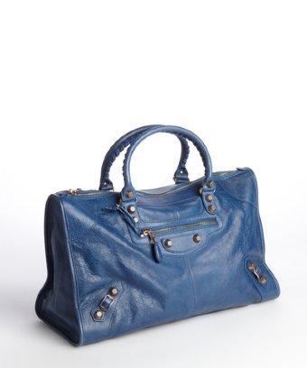 Balenciaga Deep Ocean Blue Distressed Lambskin Leather Large 'giant Work' Bag