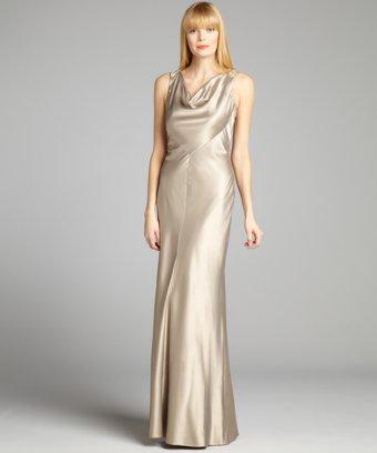 Kay Unger Gold Satin Cowl Neck Sleeveless Embellished Back Gown