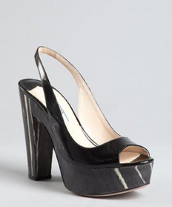 Prada Black Patent Leather Striped Wood Heel Slingbacks